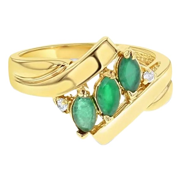 Marquise Emerald & Diamond Diagonal Row Cocktail Ring, Size 6.25 For Sale