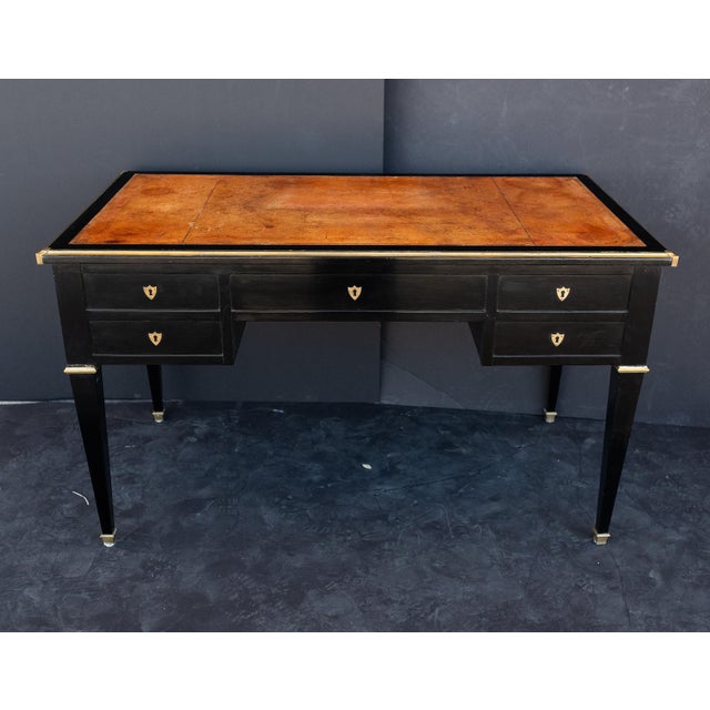 French Louis XVI Ebonized Writing Table or Desk With Embossed Leather Top For Sale - Image 10 of 13