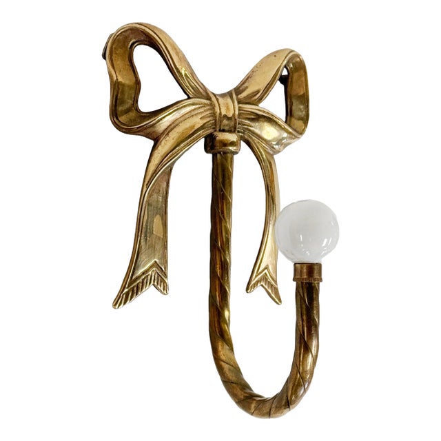 Vintage Brass Bow Wall Hook With Ceramic Knob For Sale