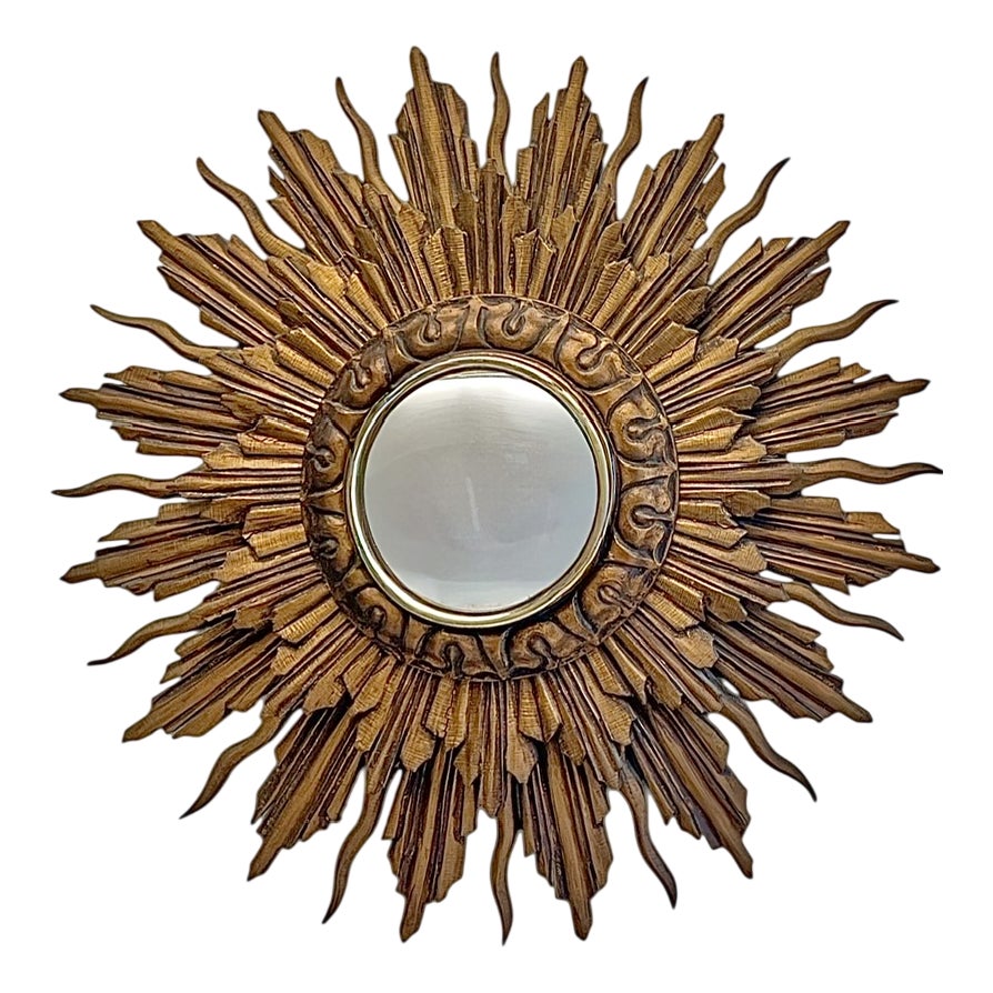 Convex Carved Polychrome Painted Wooden Sunburst Mirror with Double ...