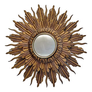 Convex Carved Polychrome Painted Wooden Sunburst Mirror with Double Layer Rays, 1930s For Sale