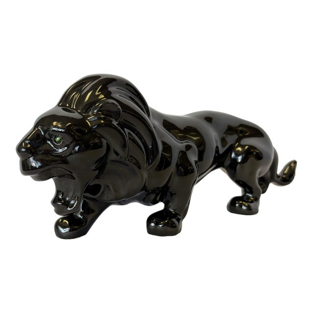 Vintage Ceramic Lion With Green Glass Eyes For Sale