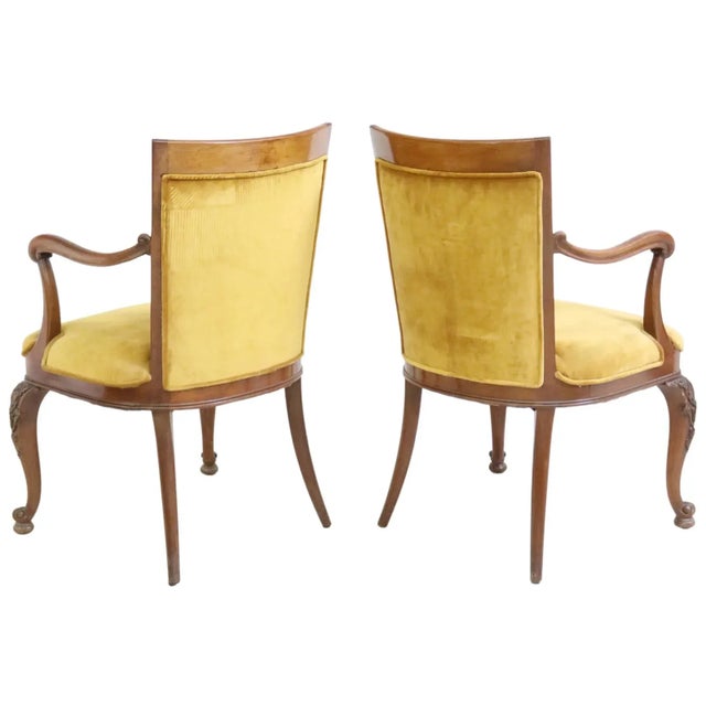 Late 20th Century Vintage Continental Carved Mahogany Yellow Velvet Armchairs, Set of 8 For Sale - Image 12 of 15