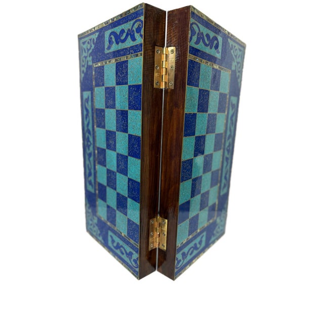Handmade Wooden Backgammon & Chess Board Lapis, Turquoise & Mother of Pearl For Sale - Image 10 of 14