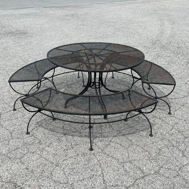 Black Mid 20th Century Woodard Round Patio Table with Three Benches, Attributed For Sale - Image 8 of 11