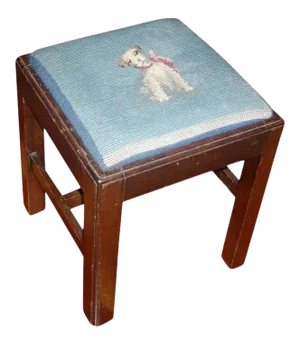 Vintage Georgian Mahogany with Blue Dog Terrier Needlepoint Cover Square Stool