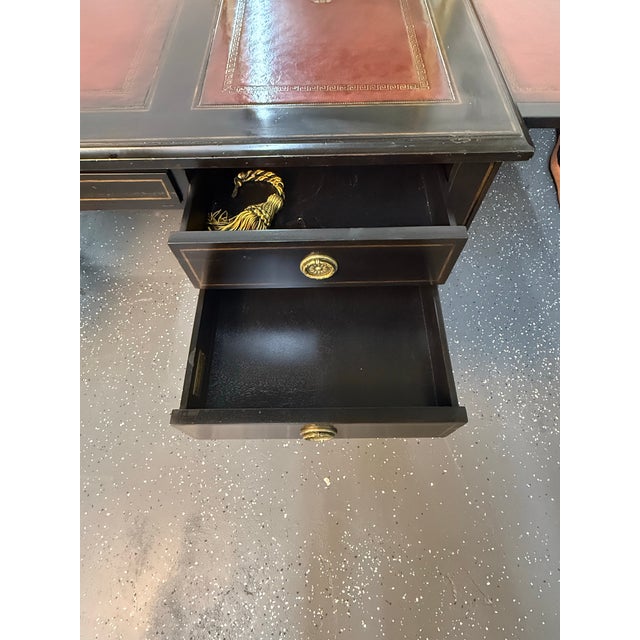 1990s Lillian August for Hickory White Ebonized Leather Top Desk With Pull-Out Slides For Sale - Image 12 of 12