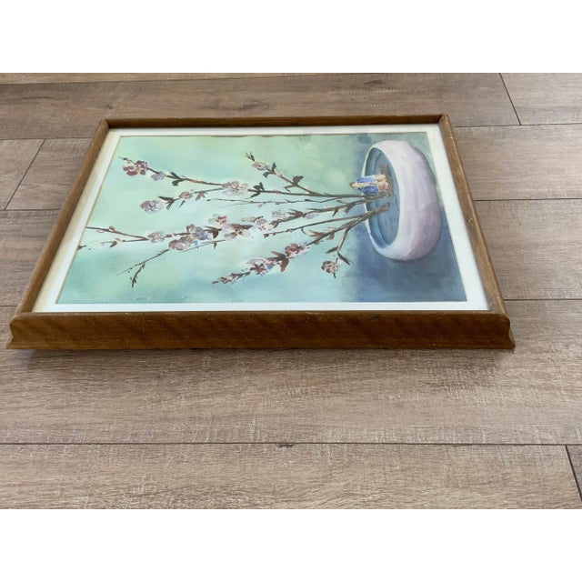 Vintage Asian Chinoiserie Cherry Blossom Watercolor Painting For Sale - Image 10 of 11