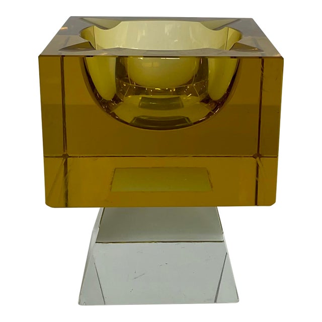 Vintage Mid-Century Modern Citron Crystal Cube Pedestal Ashtray For Sale