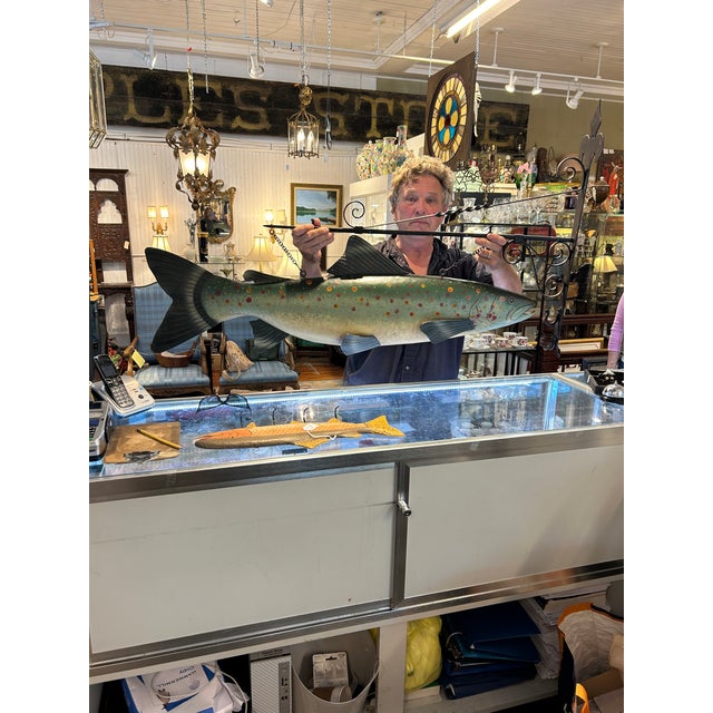 Large hand-painted metal trout sign folk art, originally used as a trade sign for a fishmonger’s shop. Crafted from metal...
