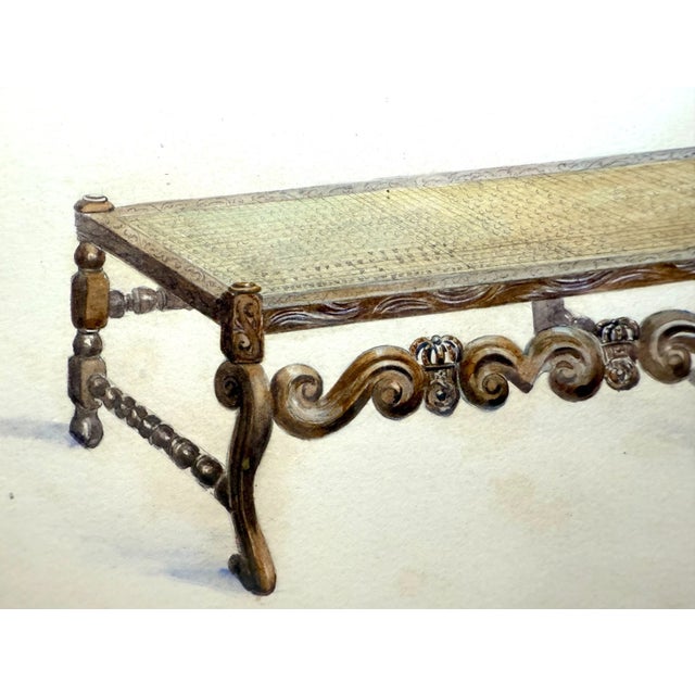Illustration Antique 19th Century Original English Caned Day Bed Watercolor Painting Chair For Sale - Image 3 of 11