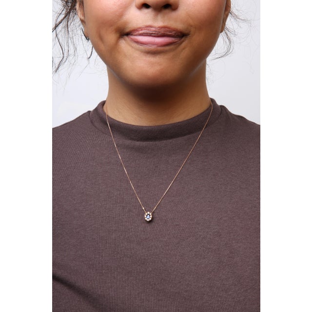 Early 21st Century 18K Rose Gold 5/8 Cttw White and Brown Diamond Accent and 7 x 4mm Oval Blue Sapphire Gemstone Statement Halo Cluster Pendant Necklace For Sale - Image 5 of 6