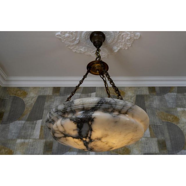 Metal Extra Large Art Deco Six-Light Alabaster Pendant with Dark Veining, 1920 For Sale - Image 7 of 18