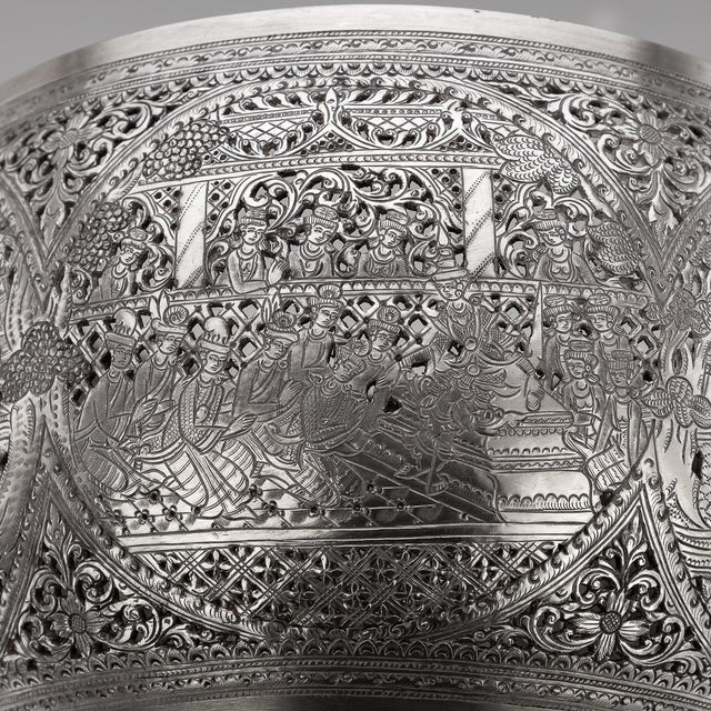 Antique Burmese Pierced Silver Pyusawhti Folk Tale Bowl, 1918 For Sale - Image 6 of 17