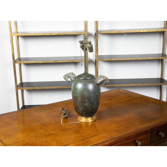 Mid 20th Century Midcentury English Verdigris Bronze Two-Light Table Lamp with Horse Heads For Sale - Image 5 of 10