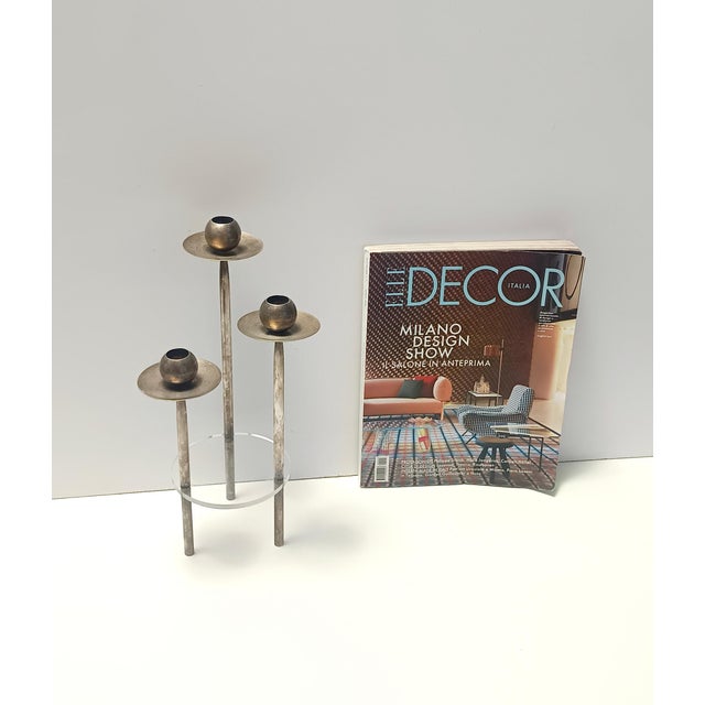 Postmodern Vintage Silver-Plated Brass and Acrylic Glass Candleholder by Mesa, Italy, 1970s For Sale - Image 3 of 12