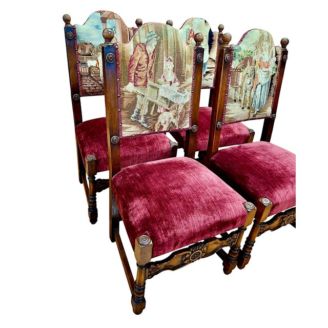 This set of carved wood chairs manage to be both rustic and refined. Done in Baroque style with nail head-trimmed velvet...