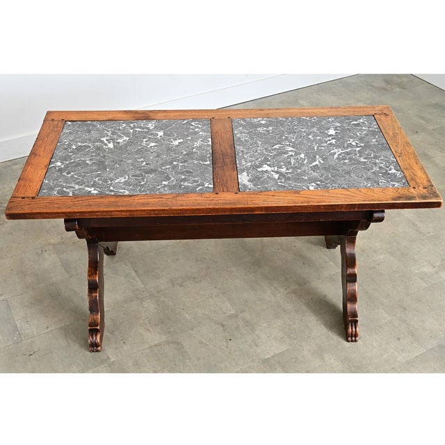Brown Italian 19th Century Inset Marble-Top Oak Trestle Table For Sale - Image 8 of 14