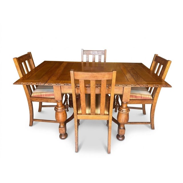 Rare 1925 Jacobean-Elizabethan Solid Oak Draw-Leaf Dining Set – Hand-Carved Masterpiece For Sale - Image 11 of 12