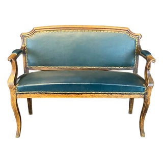 Antique Louis XV French Walnut and Faux Leather Bench, Settee or Loveseat For Sale