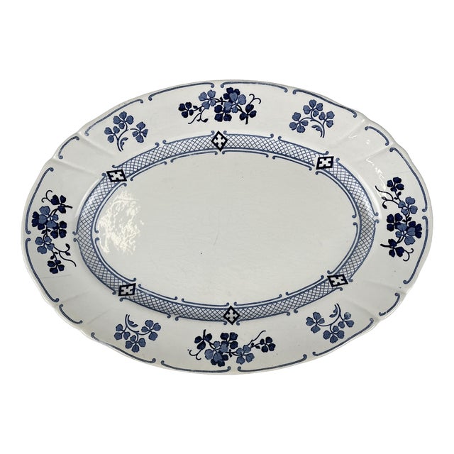 Oval Serving Platter Jane Model in Blue by Terre De Fer Kg from Lunéville, 1890 For Sale