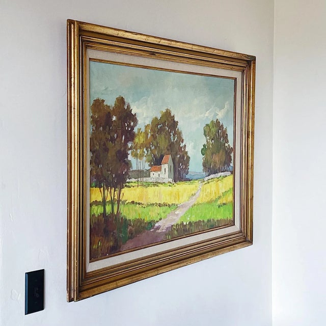 Vintage Large Impressionist American Landscape Depicting White Farmhouse on Rolling Green Hills with Autumn Red and Orange...