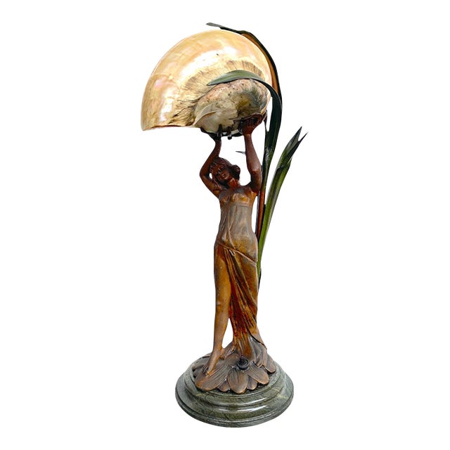Antique Art Nouveau French Gilt Metal Shell Lamp For Sale