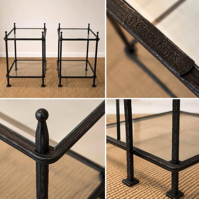 Late 20th Century Vintage Claudio Reyes Hand-Forged Iron & Glass Side Tables — Signed Pair For Sale - Image 5 of 5