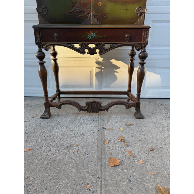 Vintage Chinoiserie Green Lacquer Cabinet With Hand Painted Asian Scenes and Ornate Carved Base For Sale In New York - Image 6 of 12