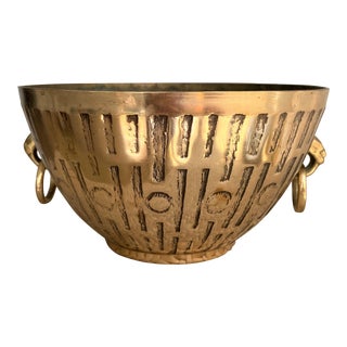 Vintage Brass Bowl With Engraved Geometric Design and Rings For Sale