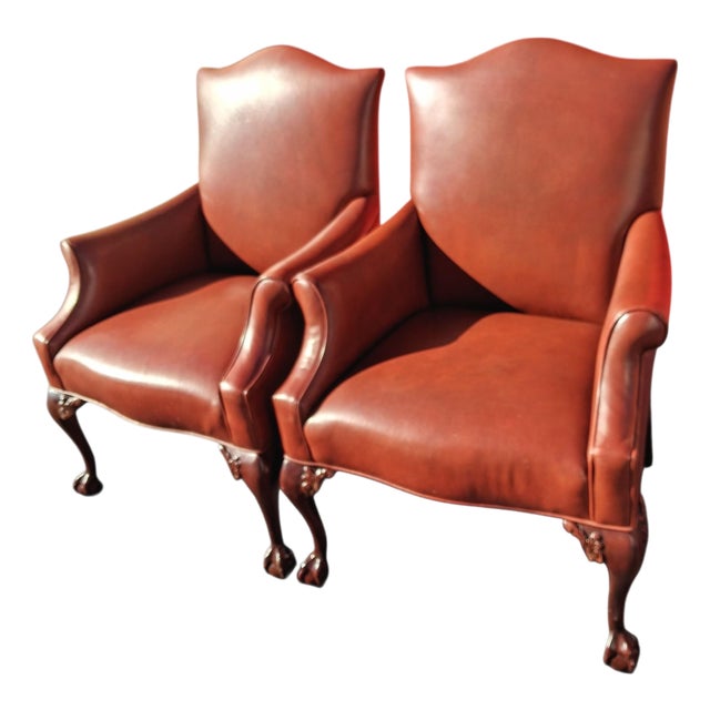 1980s Commanding Presence & Timeless Artistry: A Pair of Charles Stewart Company Shield-Back Leather Armchairs. For Sale