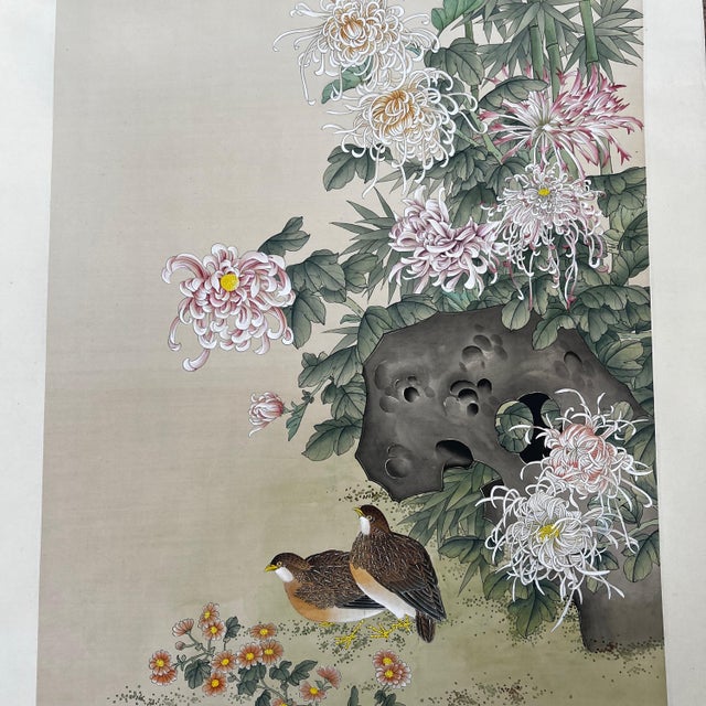 34” x 23” hand-painted silk panel // pair of quail and Chinese chrysanthemums with silk brocade border // vintage artwork // Chinoiserie For Sale In Kansas City - Image 6 of 8