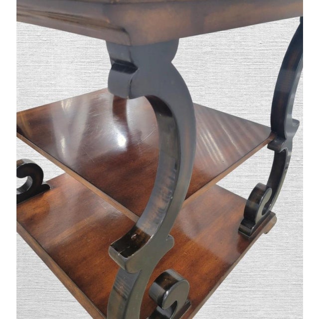 1990s Vintage Oversized Theodore Alexander Walnut Ebonized Scroll Leg 3 Tier Side Table For Sale - Image 5 of 9