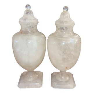 Mid 20th Century Pair of Italian Rock Crystal Lidded Urns For Sale