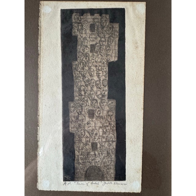 Striking Brazilian modernist artist proof etching by Judith Claussen, titled “Tower of Babel.” The vertically composed...