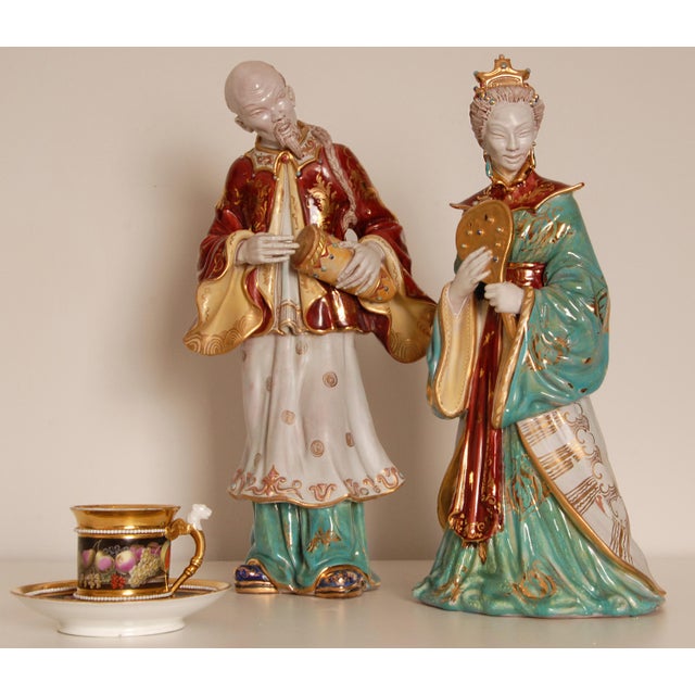 Vintage Italian Ceramic Sculptures Chinoiserie Glazed Terracotta Figures - A Pair For Sale - Image 13 of 15
