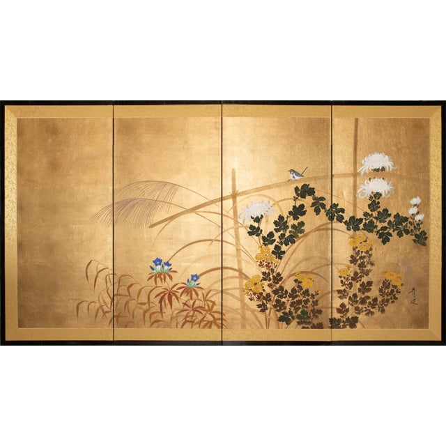 "Tit and Chrysanthemums", 1970s Shōwa Era Japanese Byobu Screen For Sale - Image 18 of 18