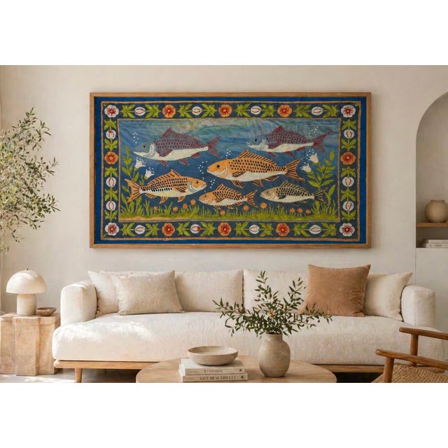 1970s Vintage Hand-Embroidered Cotton Silk Thread Art Wall Hanging wiith Fish Motif, 1970s For Sale - Image 5 of 6