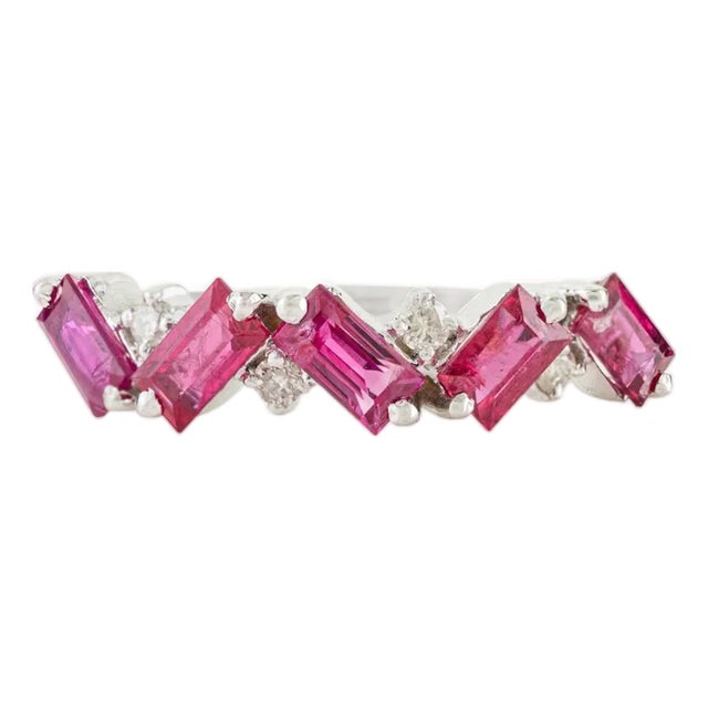 Mozambique Baguette Ruby and Diamond Stackable Half Band Ring Size 6.5 in 14k Gold For Sale