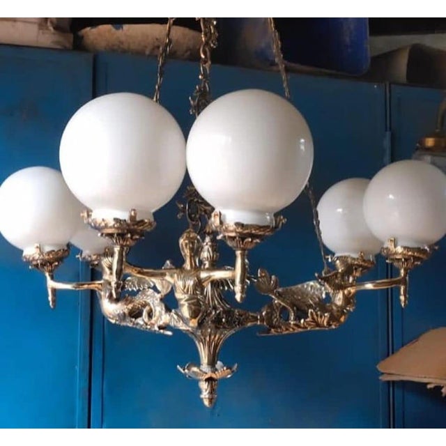 Art Nouveau Vintage Art Nouveau Brass Mermaid Chandelier Milk Globe Glass Lamp Light For Sale - Image 3 of 4