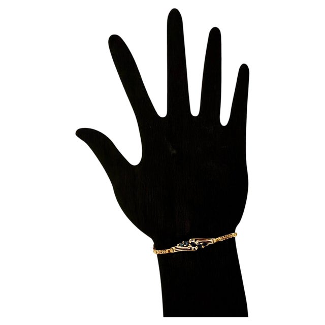Blue 14k Yellow Gold Marquise Sapphire & Diamond Openwork Bracelet Vintage For Sale - Image 8 of 10