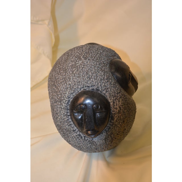 Vintage African Black & Gray Shona Stone Round Woman / Heads Sculpture Statue For Sale - Image 4 of 9