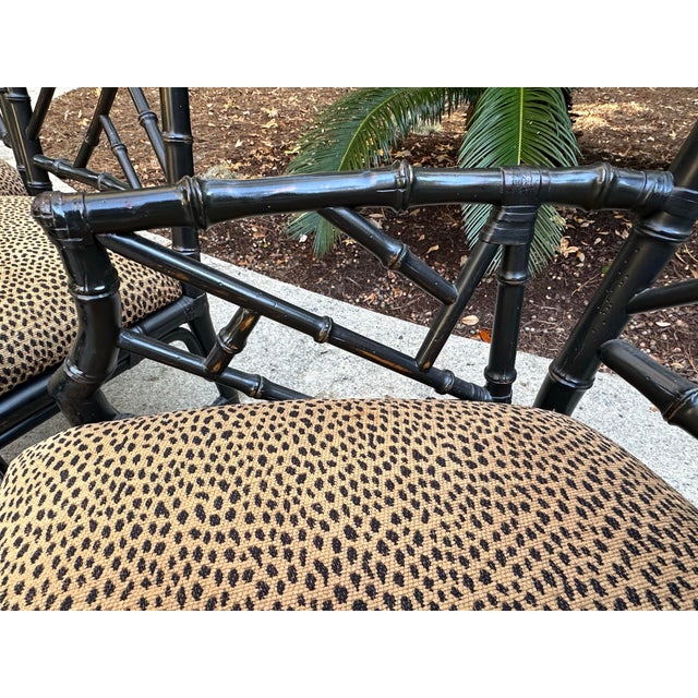 Faux Bamboo Chinese Chippendale Style Dining Chairs – Set of 6 Including 2 Armchairs, 4 Side Chairs, Leopard Upholstery For Sale - Image 9 of 12