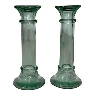 1930s Depression Era Pressed Green Glass Candle Holders - a Pair For Sale