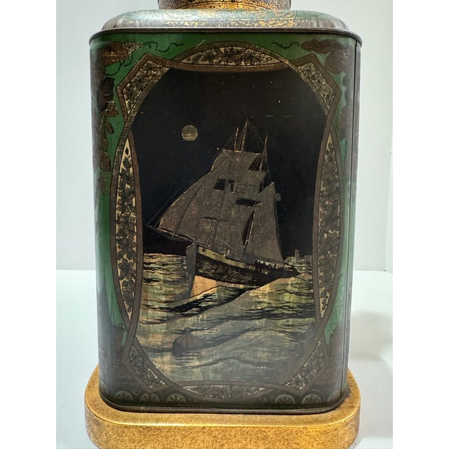 Vintage Tole Tea Tin Table Lamp Nautical Sailing Ships Tole Double Socket For Sale In Atlanta - Image 6 of 13