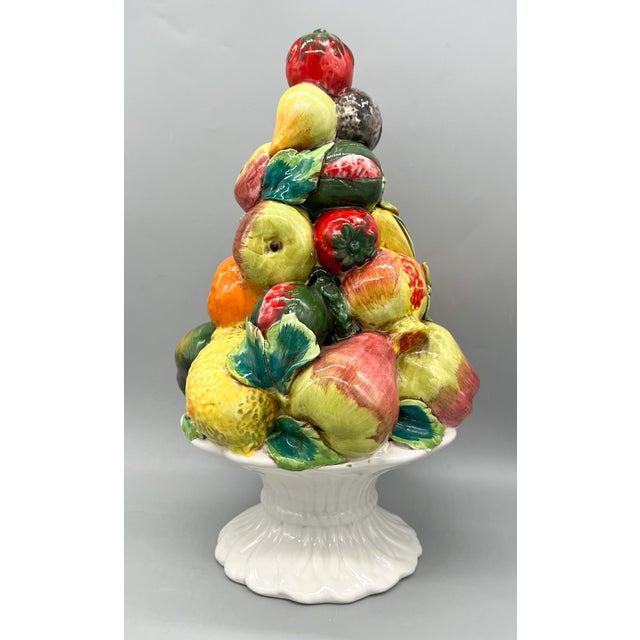 15" Vintage Italian Ceramic Fruit Topiary Centerpiece – Hand-Painted Majolica Style Compote – Tuscan / European Traditional - Lemon and Orange For Sale - Image 9 of 14