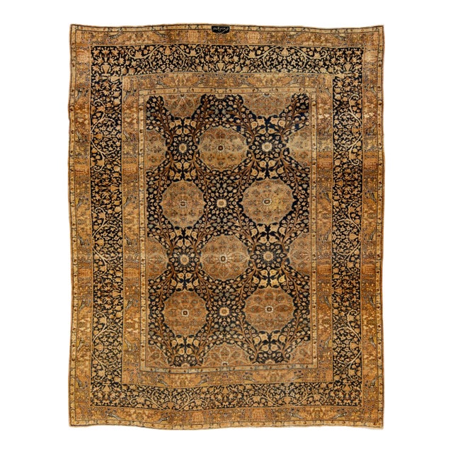 Antique Persian Kerman Handmade Allover Floral Blue and Tan Wool Rug For Sale