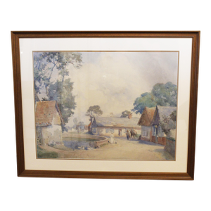 Circa 1914 English Village Scene in Watercolor by Max Ludby