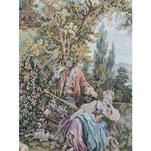 Vintage French Jacquard Pastoral Loves Tapestry in the style of Aubusson, 1950s For Sale - Image 12 of 18