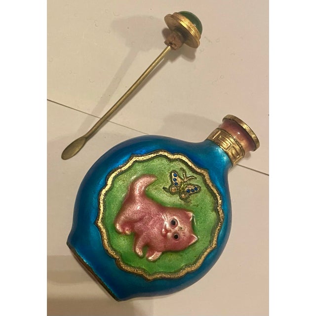 Late 20th Century Colorful Enamel Snuff Bottle Perfume W/Cat & Butterfly Pink Green Blue For Sale - Image 10 of 11